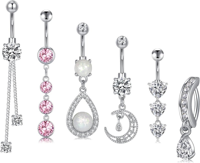 QWALIT Belly Button Rings 14G Surgical Steel Belly Rings CZ Opal Navel Piercing Jewelry for Women Girls 3/8" 10mm Silver Rose Gold - Image 1